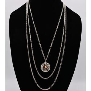 Goldette Vintage Cameo Locket Necklace Silver Tone Multi-Chain Signed 50s Bin3C